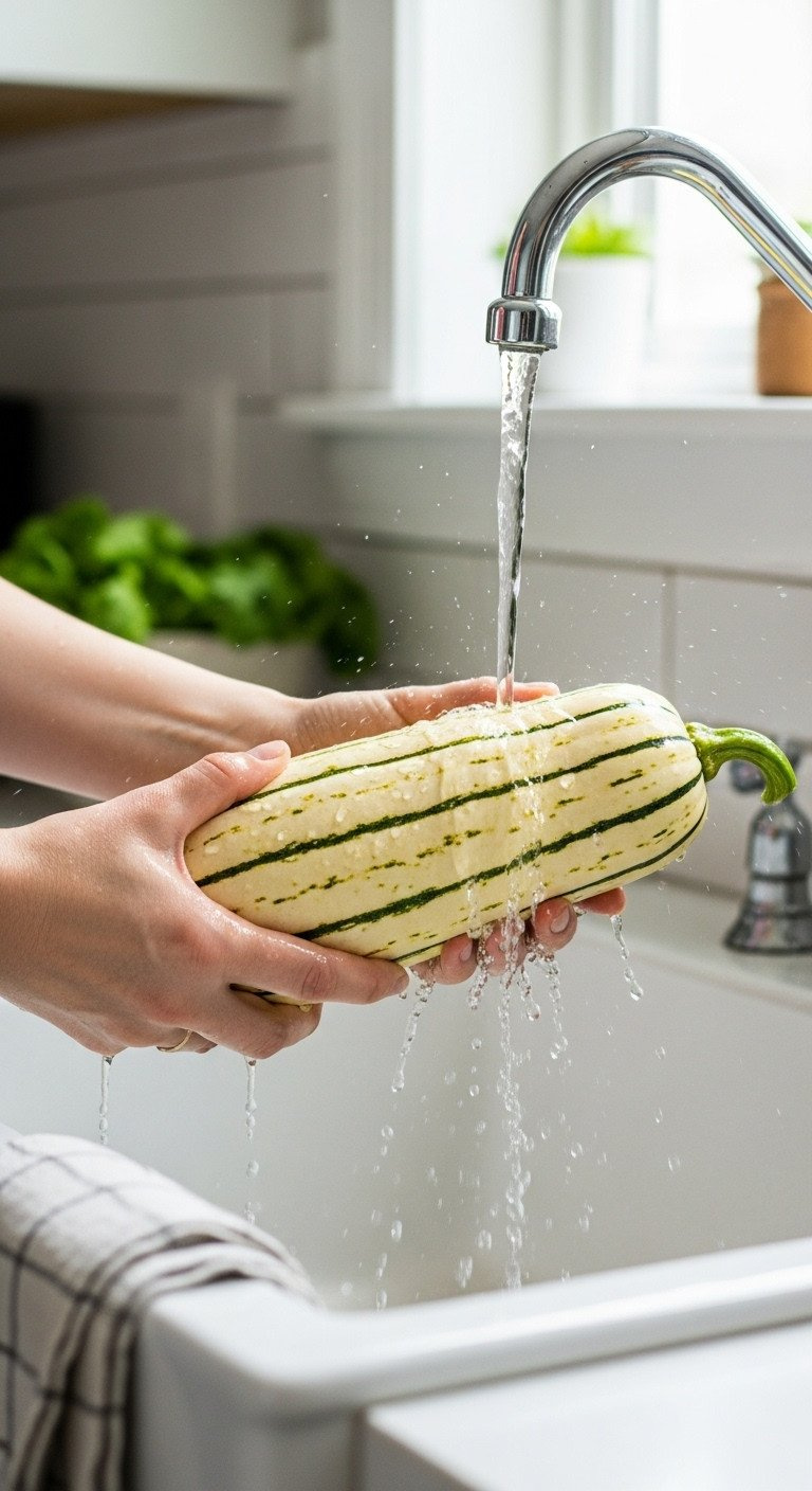 Hands Washing A Whole Delicata Squash Under Running Water In A White Ceramic Kitchen Sink With A Subway Tile Backsplash.