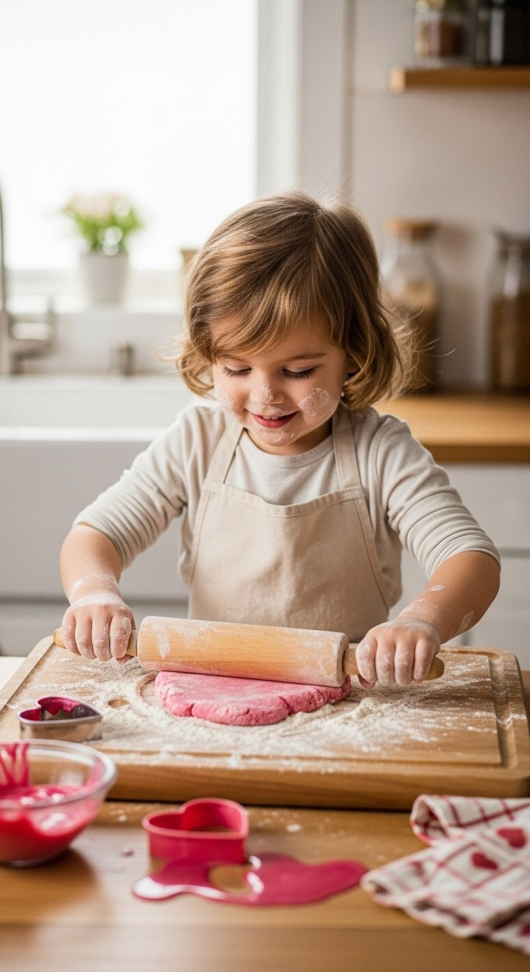 Happy Child, Flour-Dusted, Rolling Pink Dough On Wooden Board. Heart Cookie Cutters, Blurred Kitchen. Fun Family Valentine's Baking.