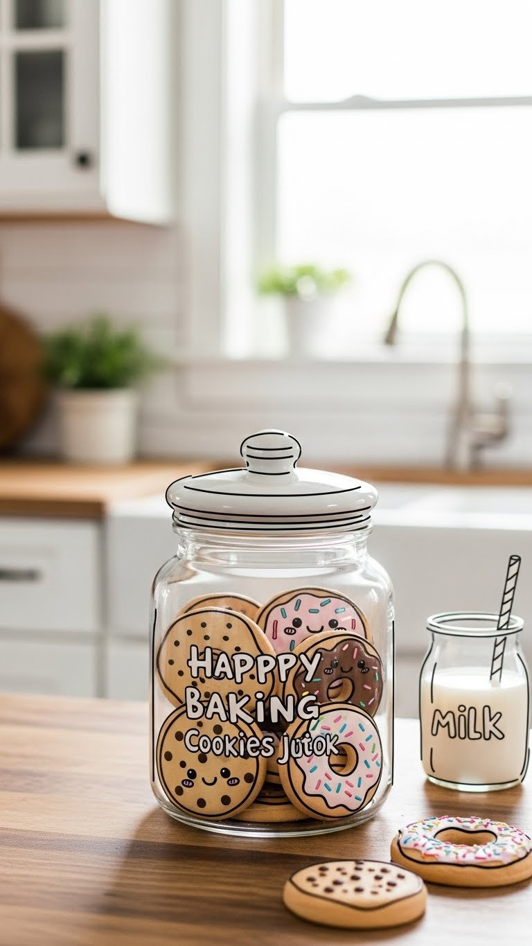 Happy Cookie Jar Doodle Filled With Cute Cookies And Donuts On Rustic Wooden Countertop