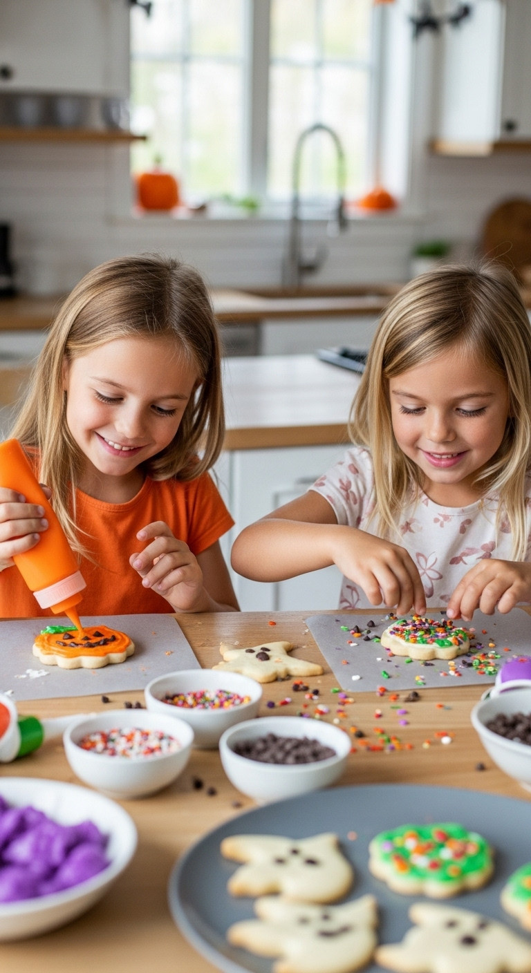 Happy Kids Decorating Pre-Baked Halloween Cut-Out Cookies With Colorful Frosting, Sprinkles, Chocolate Chips For Festive Fun.