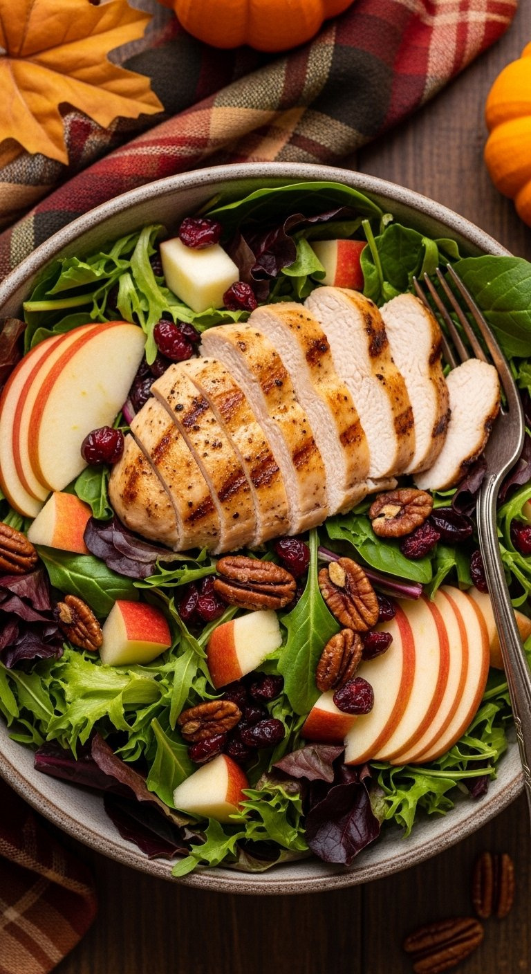 Harvest Grilled Chicken Salad With Apples, Dried Cranberries, And Candied Pecans In A Rustic Bowl.