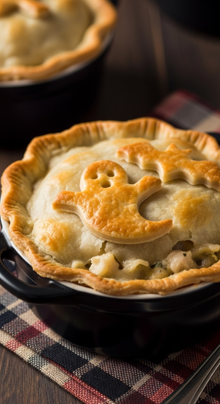 Haunted Chicken Pot Pie With Ghost And Bat Crusts In A Black Ramekin On A Dark Wood Surface