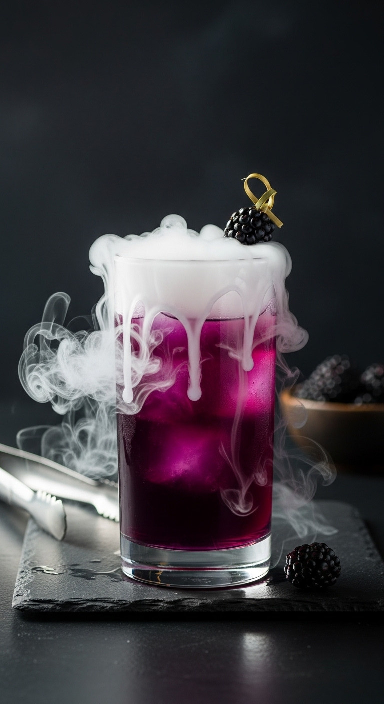 Haunted Highball With Dry Ice In A Purple Highball Glass With A Blackberry Garnish On A Black Reflective Surface