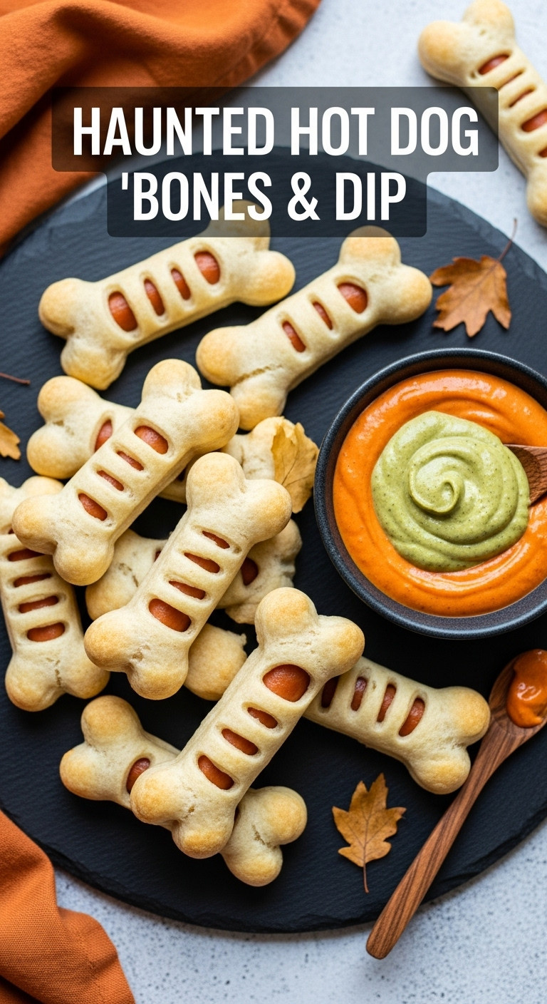 Haunted Hot Dog 'Bones' With Biscuit Dough, Golden Baked, Piled On A Dark Slate Platter With Vibrant Dipping Sauce. Halloween Party Food.