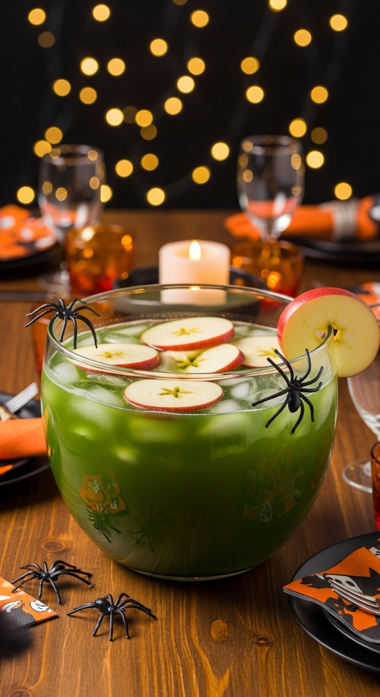 Haunted Orchard Whiskey Punch In A Large Glass Bowl With Green Liquid Floating Apple Slices And Plastic Spiders