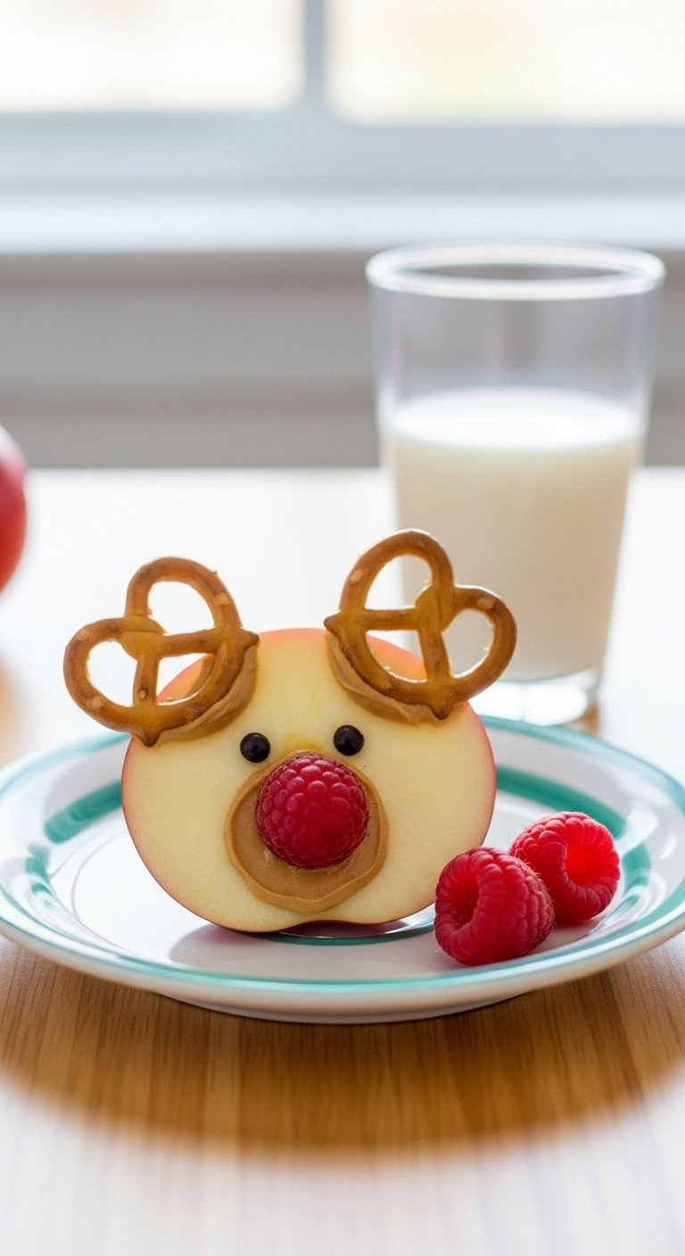 Healthy Apple Reindeer Snack: Crisp Apple, Peanut Butter, Pretzel Antlers, Raspberry Nose On Child's Plate.