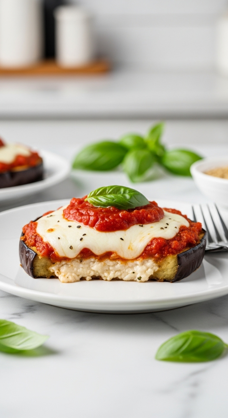 Healthy Baked Eggplant Parmesan With Melted Mozzarella Marinara And Basil On A White Plate On A Marble Countertop