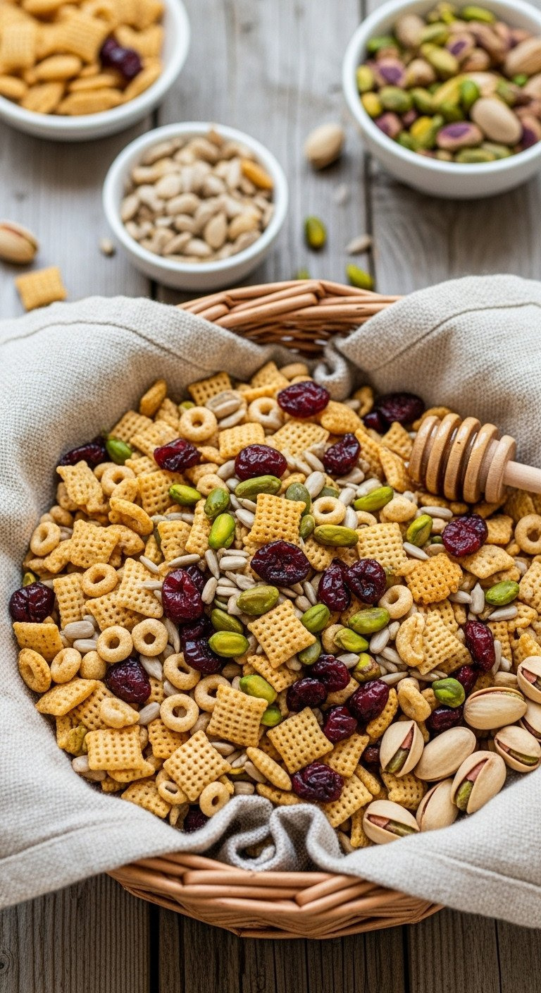 Healthy Cranberry Pistachio Holiday Trail Mix With Chex, Cheerios, Dried Cranberries, &Amp; Pistachios In A Wicker Basket.