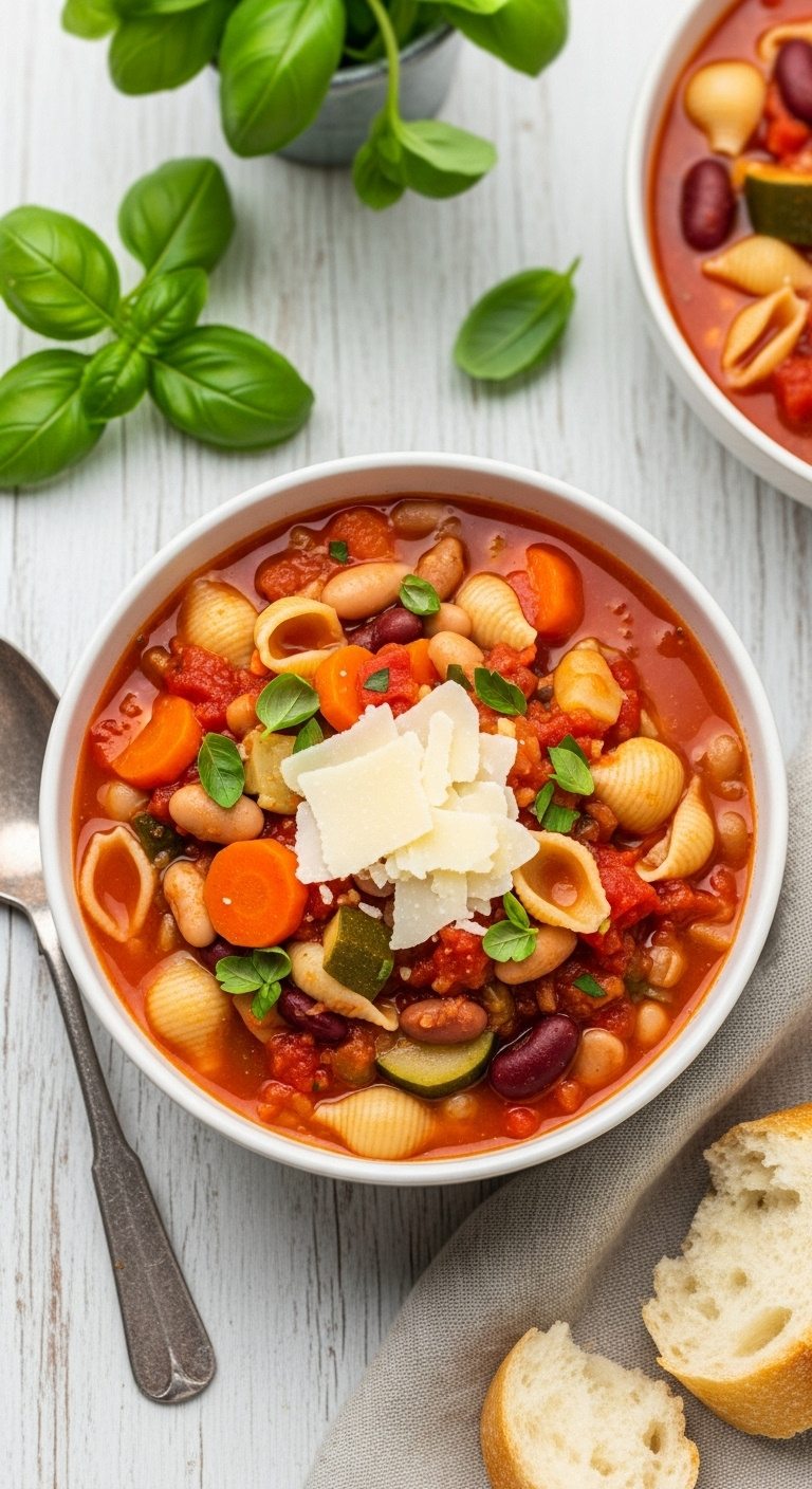 Healthy Crockpot Minestrone Soup With Vegetables Beans Pasta And Parmesan In Deep Bowl On Rustic White Wood Surface