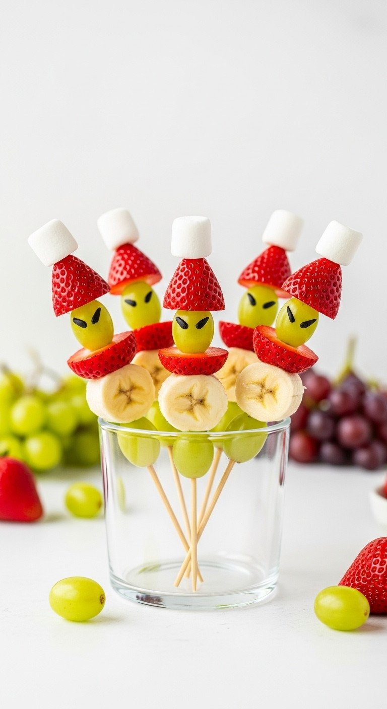 Healthy 'Grinch' Fruit Skewers: Green Grape, Banana, Strawberry, Marshmallow Hat, In Clear Glass. Perfect Festive Snack.