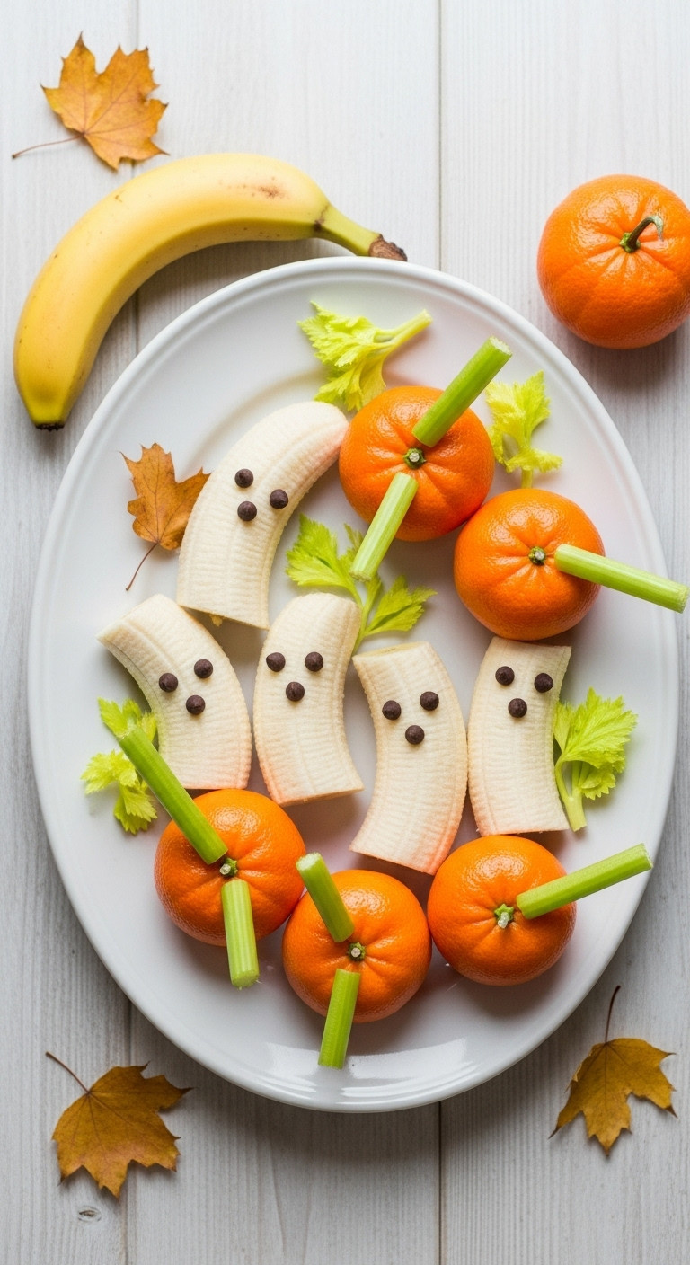 Healthy Halloween Banana Ghosts, Tangerine Pumpkins, And Autumn Leaves On A White Platter; Perfect Kids' Party Snacks.
