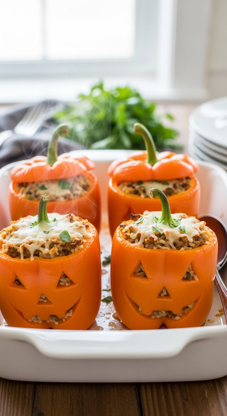 Healthy Halloween Dinner Featuring Jack-O-Lantern Stuffed Bell Peppers With Rice And Meat In A White Baking Dish On Wooden Table