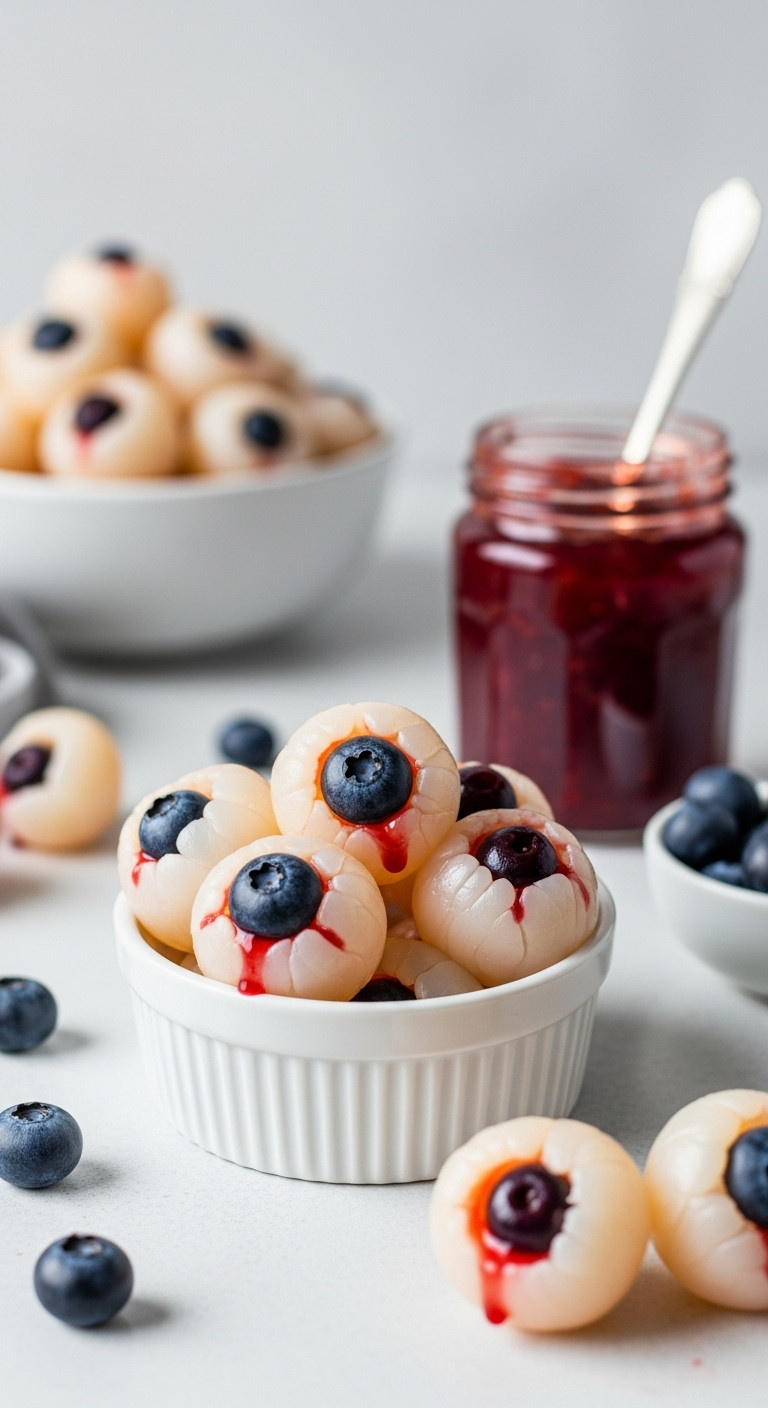 Healthy Halloween Lychee And Blueberry Eyeballs With Red Jam In A White Ceramic Bowl On A Kitchen Countertop