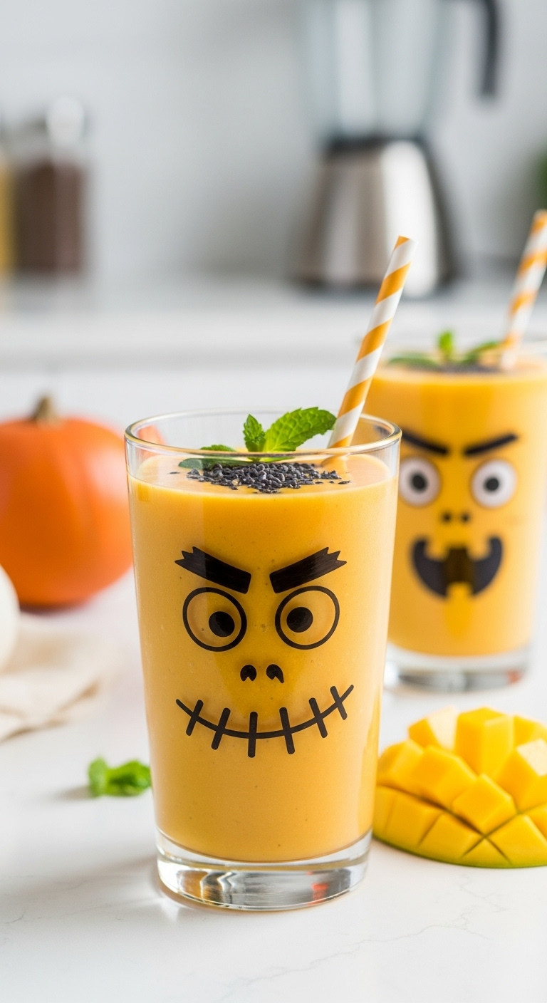 Healthy Halloween Monster Face Smoothies In Clear Glasses On A White Counter