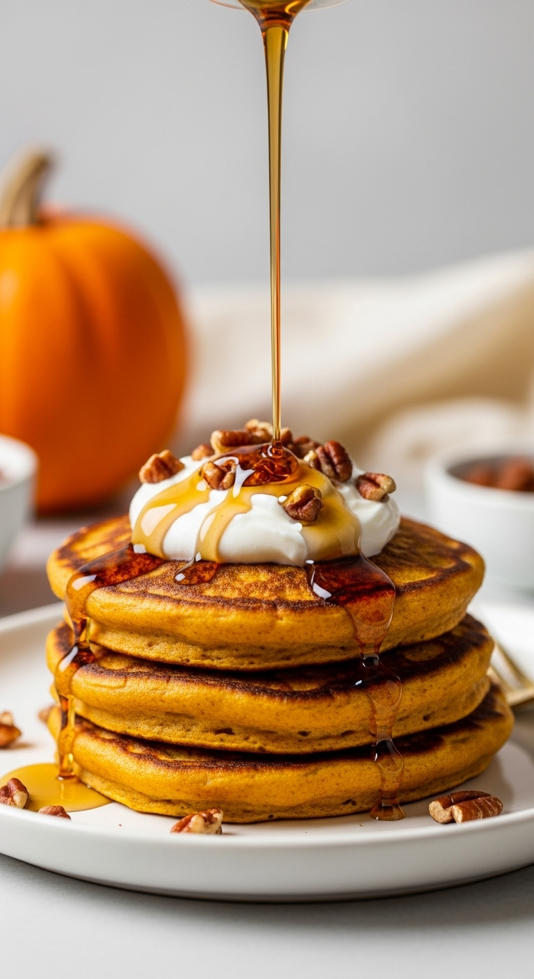 Stack Of Golden Pumpkin Oat Pancakes Topped With Yogurt And Toasted Pecans, With Maple Syrup Pouring Mid-Air, Captured In Warm Golden Light On A White Ceramic Plate For A Cozy, Healthy Pumpkin Breakfast.