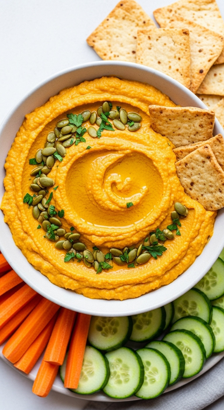 Smooth Orange Pumpkin Hummus Drizzled With Olive Oil And Topped With Toasted Pumpkin Seeds And Parsley, Surrounded By Sliced Cucumbers, Carrots, And Pita Chips, Captured In Bright Vibrant Lighting For A Healthy Party Appetizer.