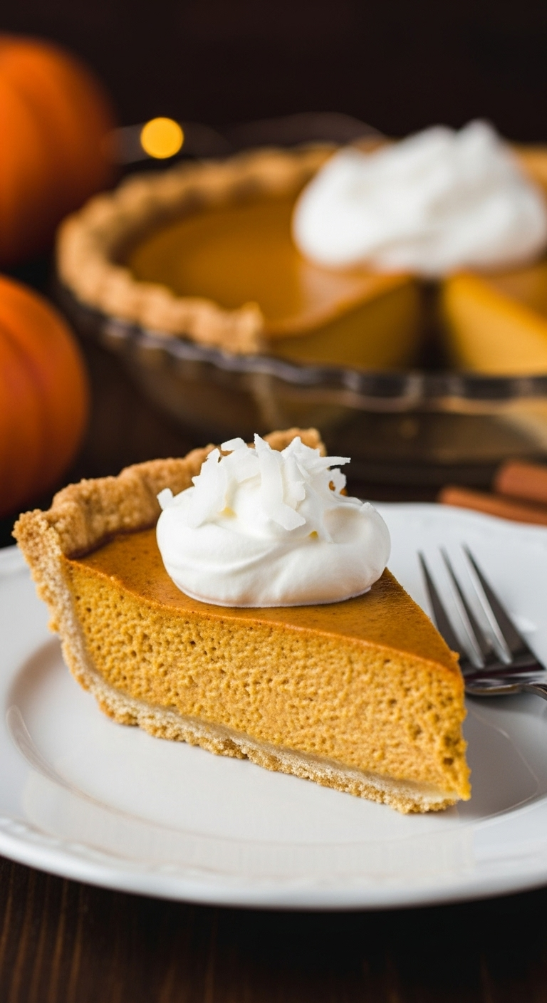 Slice Of Healthy Pumpkin Pie With Creamy Filling And Golden Almond Flour Crust Topped With Coconut Whipped Cream On A White Plate, Set Against A Warm Festive Background With The Remaining Pie Visible.