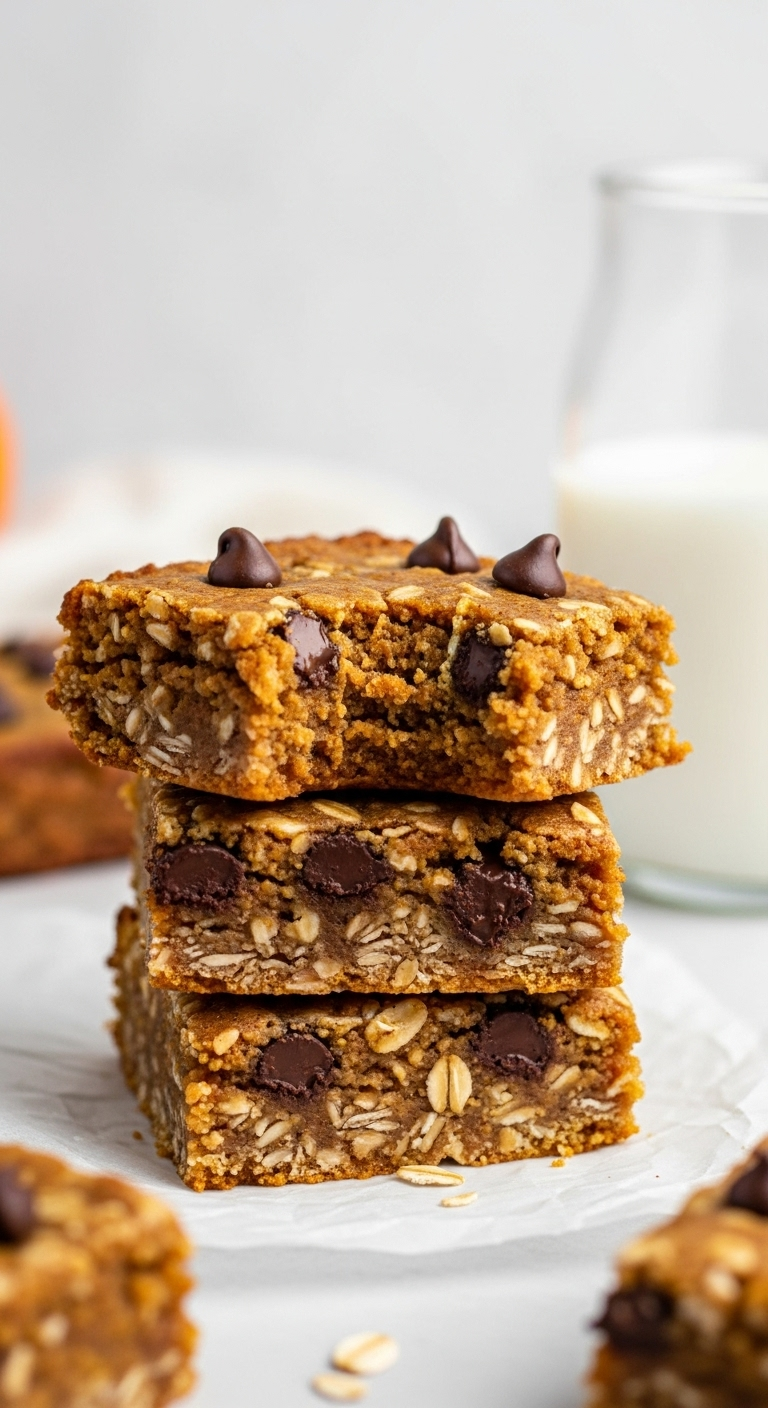 Stack Of Three Healthy Oatmeal Pumpkin Bars With Chocolate Chips On Parchment Paper, One Bar With A Bite Showing Chewy Texture, Accompanied By A Glass Of Milk, Captured In Bright Natural Light For A Wholesome Pumpkin Dessert.
