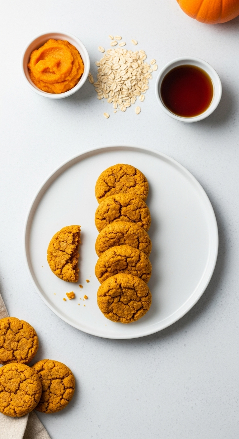 Three-Ingredient Pumpkin Cookies Arranged On A White Plate With One Broken To Reveal Soft Oat Interior, Accompanied By Bowls Of Pumpkin Puree, Oats, And Maple Syrup In A Clean Minimalist Setting With Bright Even Lighting.