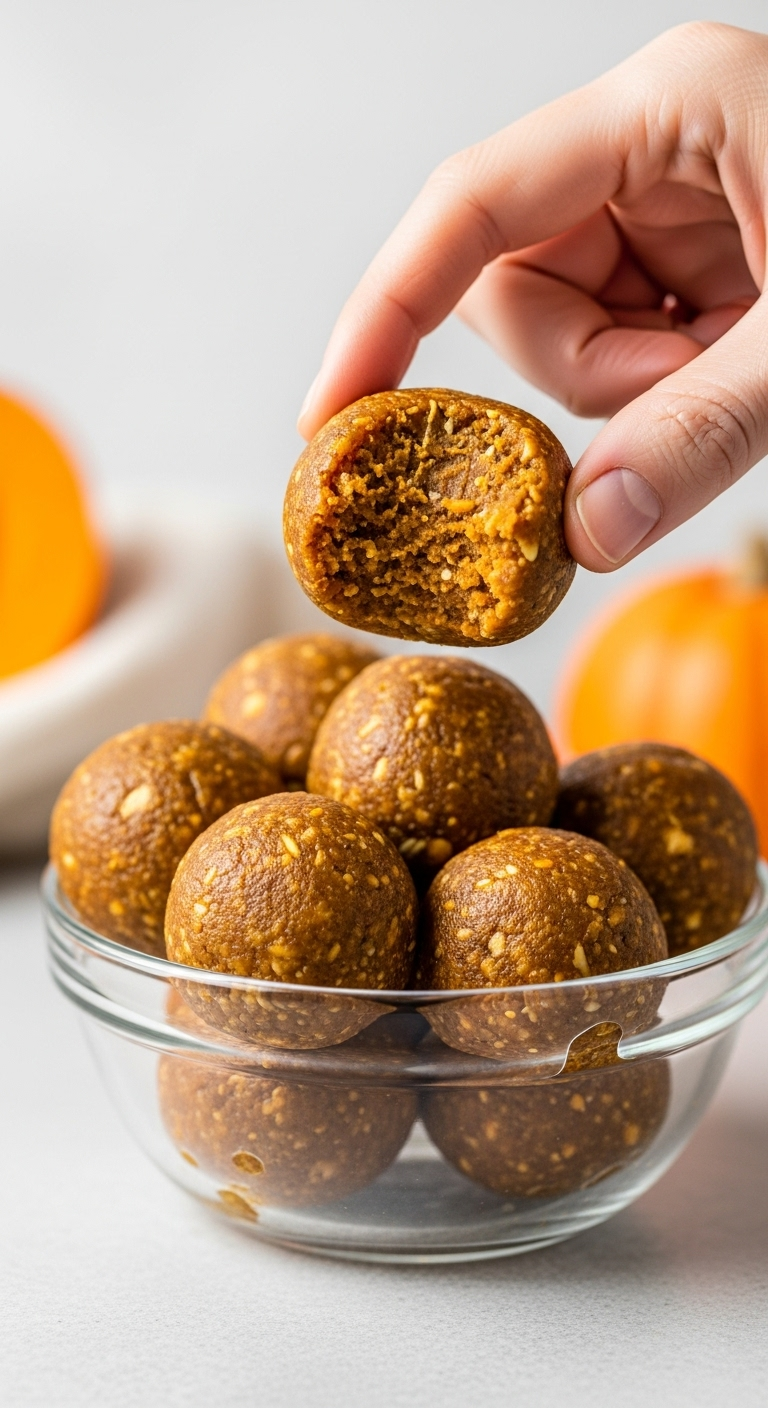 No-Bake Pumpkin Energy Balls In A Glass Bowl With One Bitten Showing Texture, And A Hand Reaching To Grab One, Captured In Bright Natural Light For A Healthy, On-The-Go Pumpkin Snack.