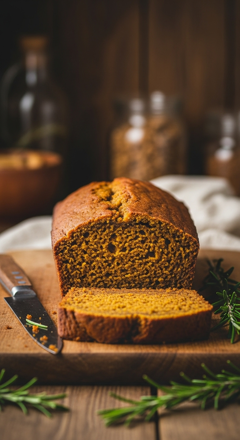 Loaf Of Healthy Pumpkin Bread Partially Sliced On A Wooden Board, Highlighting Moist Crumb Of An Upright Slice With A Knife And Rosemary Sprig Nearby In Warm, Rustic Farmhouse Kitchen Lighting.