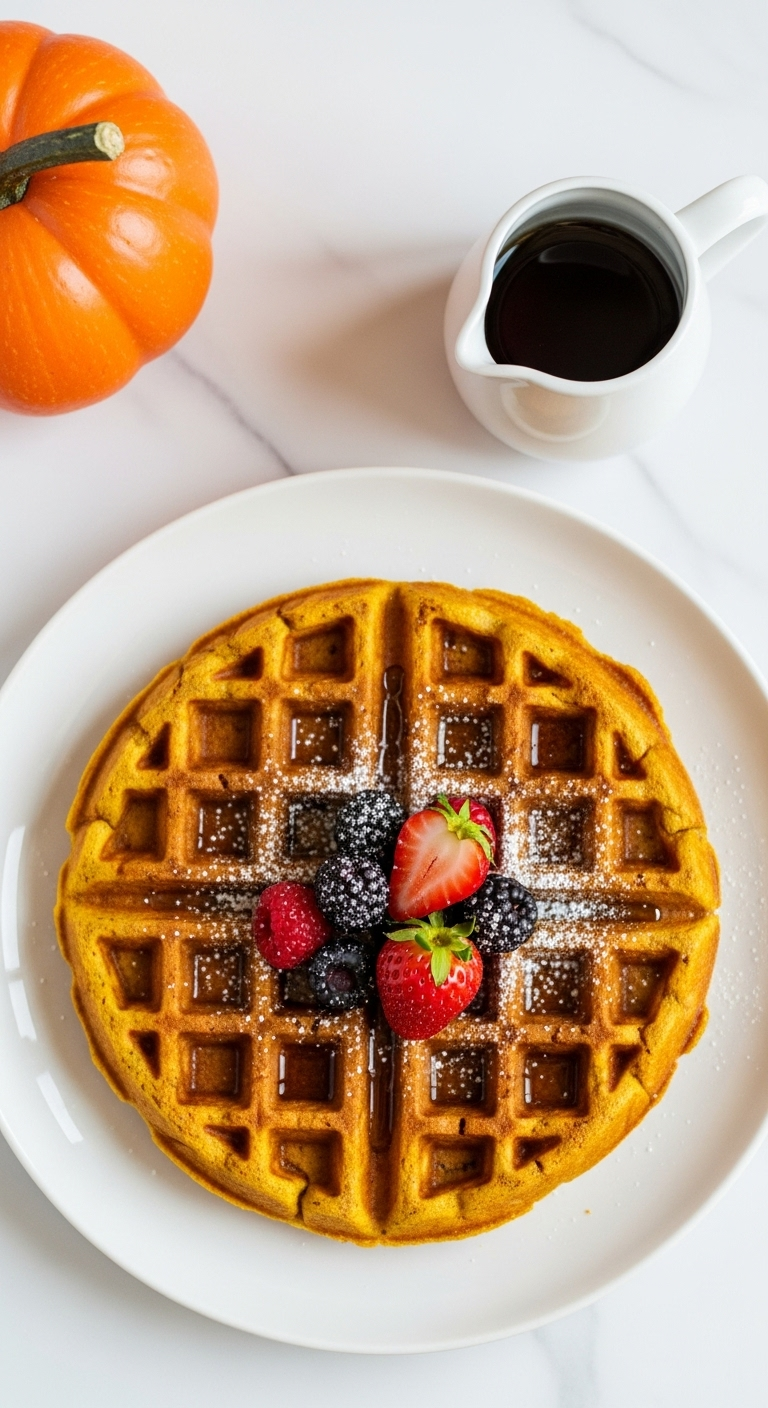 Golden-Brown Pumpkin Spice Waffle Topped With Fresh Berries And Powdered Sugar On A White Plate, With Maple Syrup Pitcher Nearby, Captured In Bright Cheerful Morning Light For A Healthy Pumpkin Breakfast.