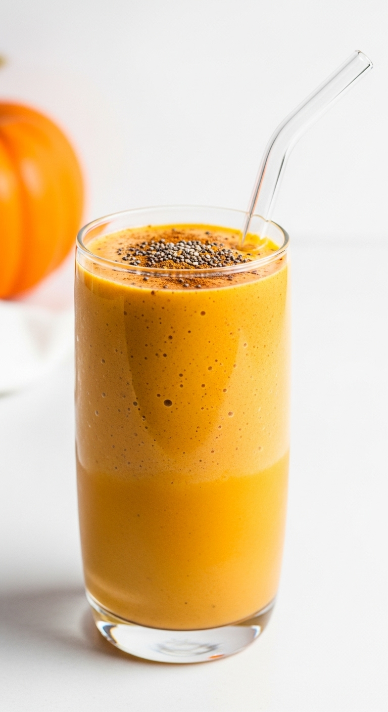 Tall Clear Glass Of Creamy Orange Pumpkin Pie Smoothie Topped With Chia Seeds And Cinnamon, Featuring A Reusable Glass Straw Against A Clean Minimalist White Background For A Healthy Pumpkin Drink.