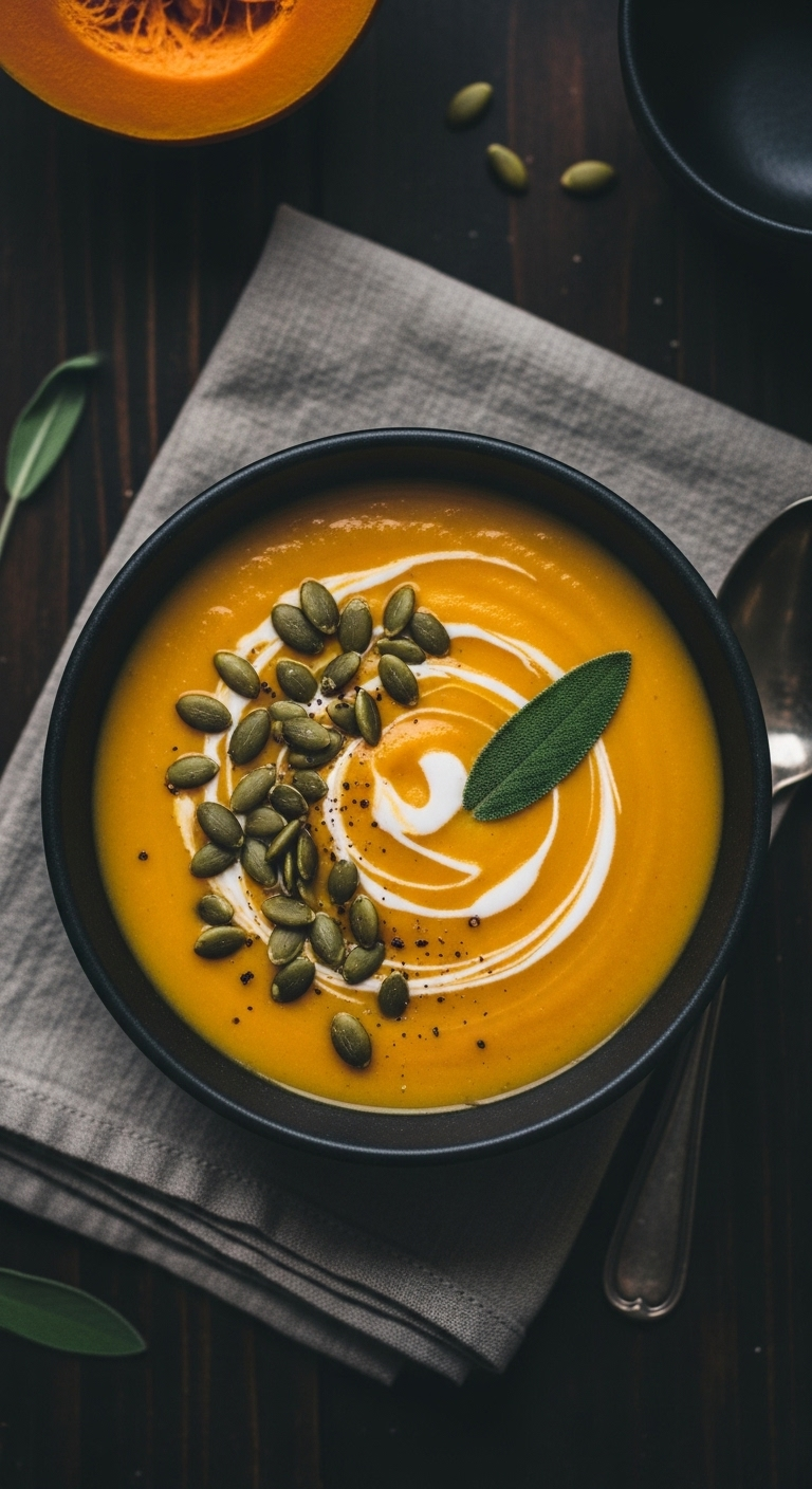 Creamy Pumpkin Soup In A Dark Ceramic Bowl Topped With Coconut Cream Swirl, Toasted Pumpkin Seeds, And Sage Leaf, Set On A Dark Wood Surface With A Linen Napkin, Featuring Moody Rustic Warm Lighting For A Cozy Pumpkin Meal.