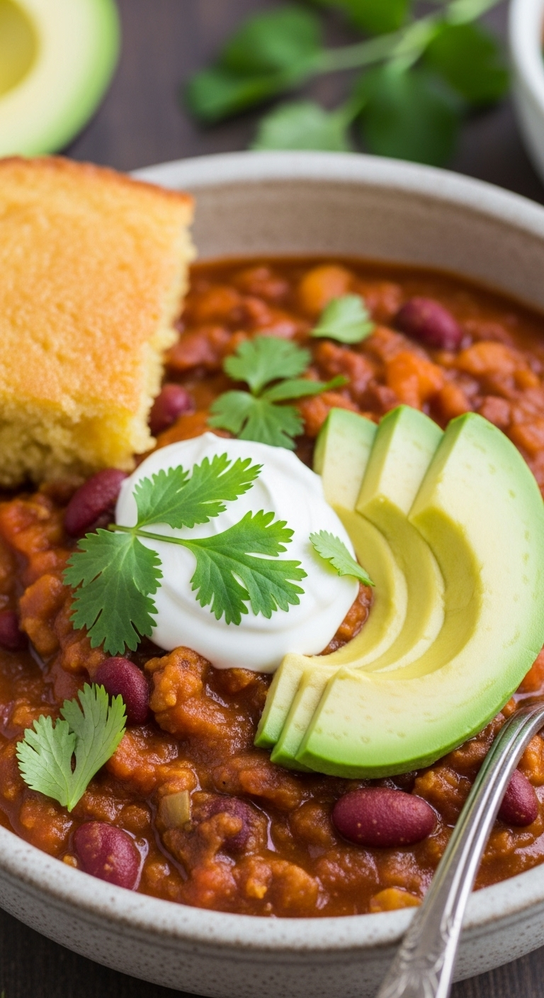 Hearty Pumpkin Chili In A Rustic Bowl Topped With Sour Cream, Sliced Avocado, And Cilantro, Accompanied By Cornbread, Captured In Warm Comforting Rustic Lighting For A Healthy Fall Meal.