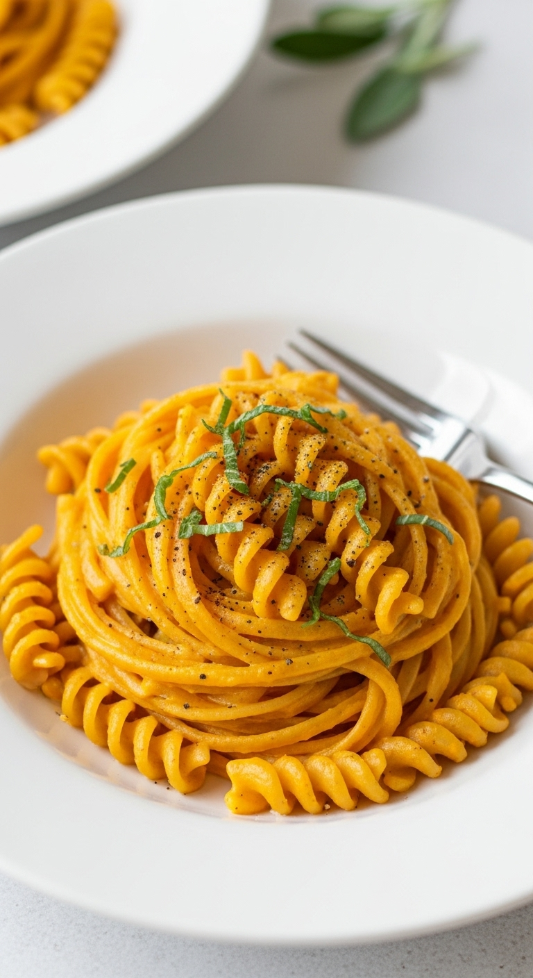 Creamy Pumpkin Pasta In A White Bowl Garnished With Fresh Sage And Black Pepper, With A Fork On The Side, Captured In Bright Clean Lighting For An Elegant And Appetizing Healthy Pumpkin Meal.