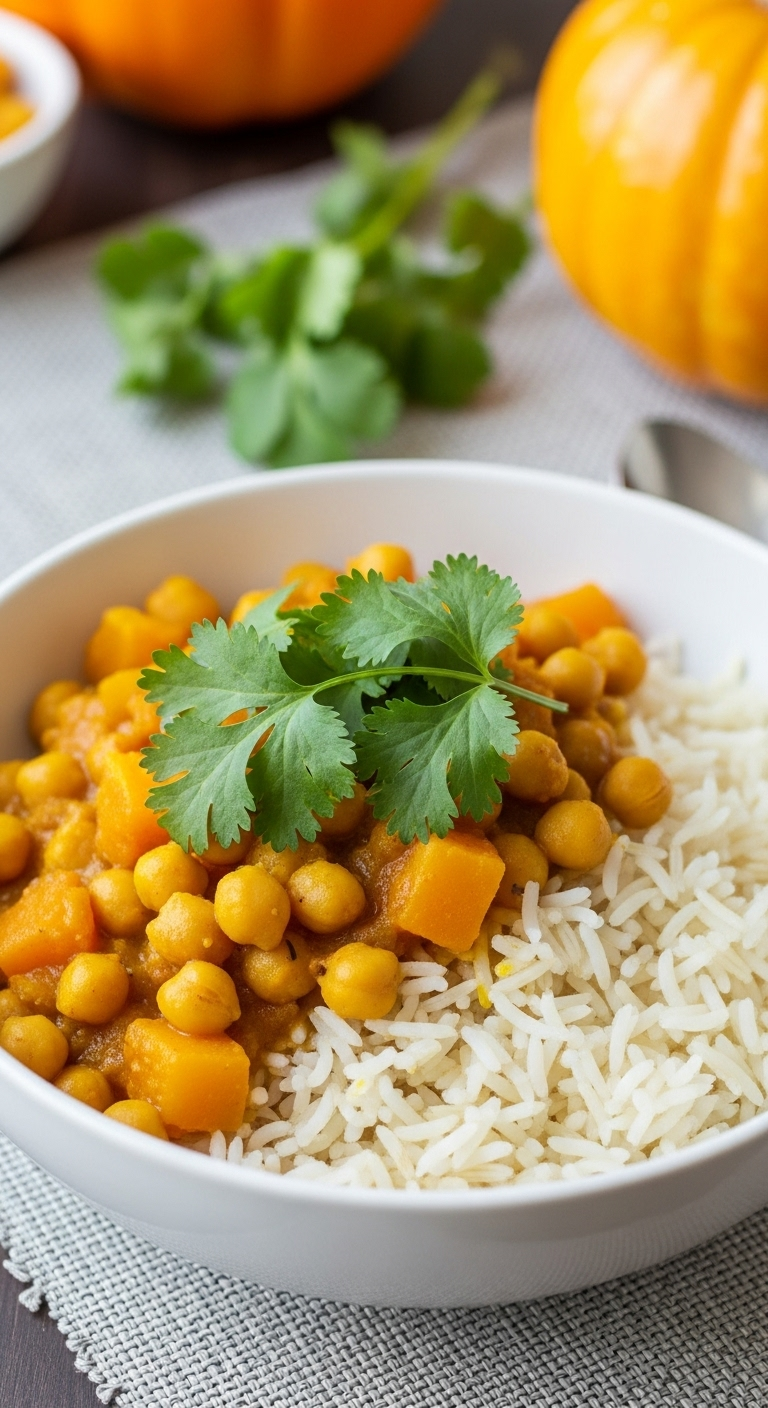 Golden Chickpea And Pumpkin Curry Garnished With Fresh Cilantro Served Over Fluffy Basmati Rice In A Bowl On A Textured Placemat, Captured With Vibrant And Bright Lighting For A Healthy And Exotic Pumpkin Meal.