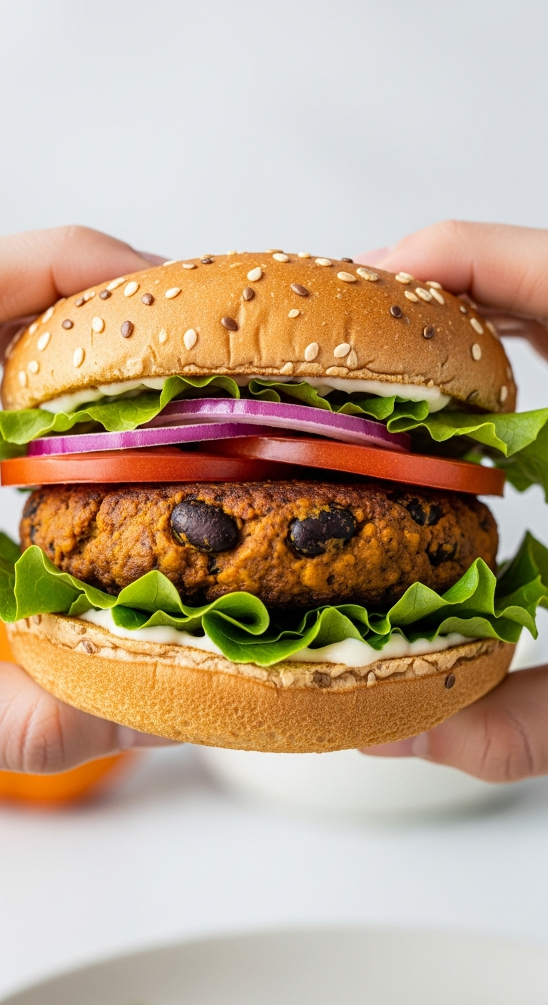 Black Bean Pumpkin Burger On Whole Wheat Bun With Lettuce, Tomato, And Red Onion Held By Two Hands, Captured In Bright Natural Daylight For A Fresh And Healthy Pumpkin Meal.