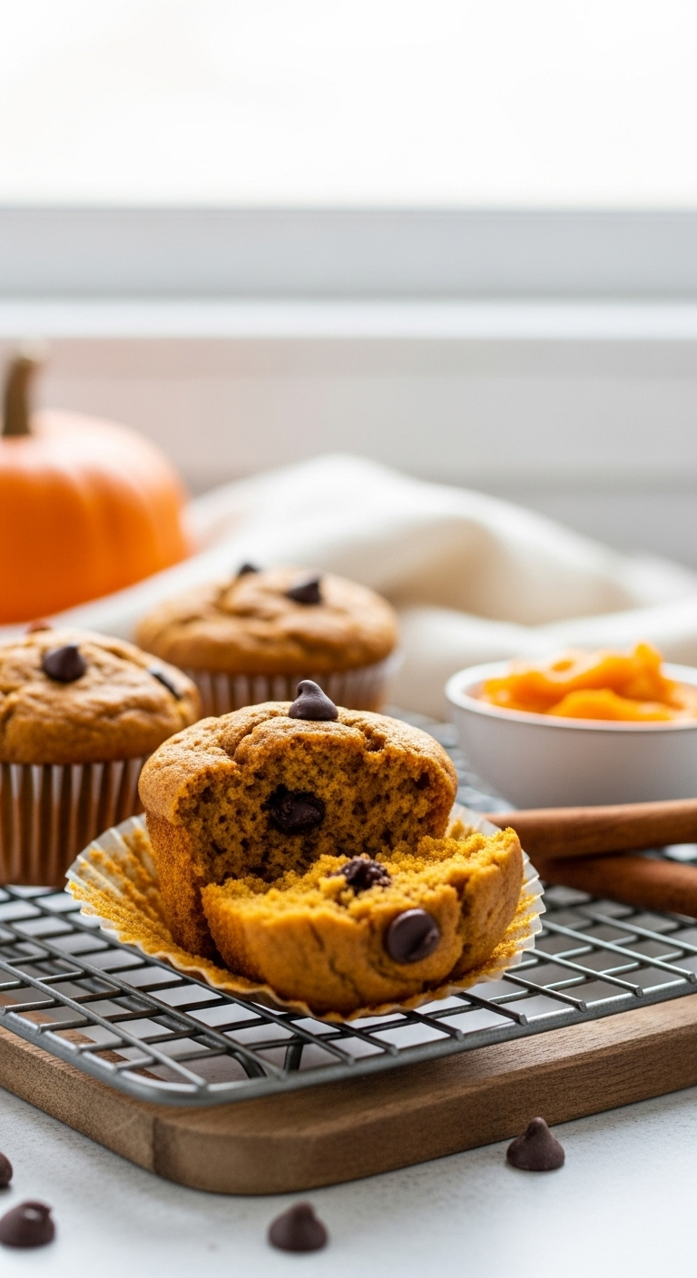 Two Healthy Pumpkin Muffins On A Rustic Wooden Rack, One Broken Open Showing Moist Texture With Chocolate Chips, Accompanied By Pumpkin Puree And Cinnamon Stick In Warm Autumnal Morning Light.