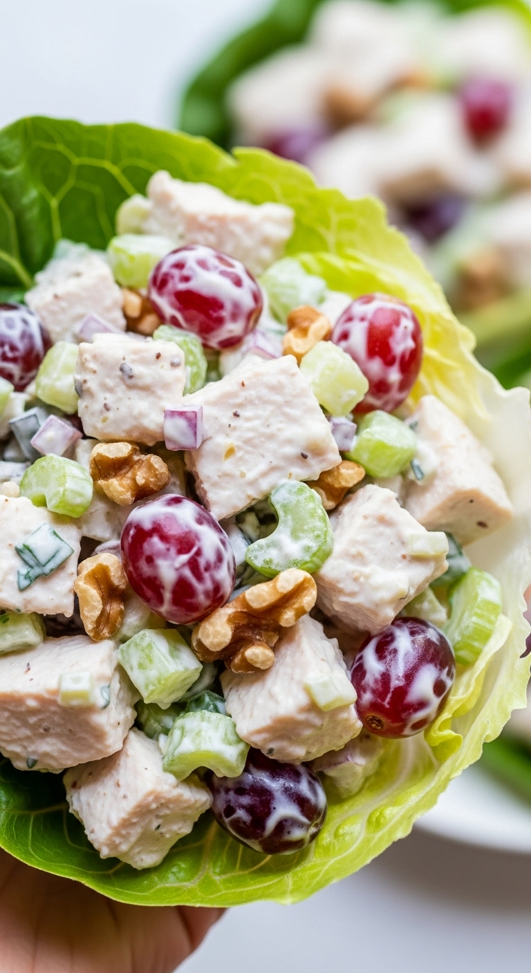 Healthy Waldorf Chicken Salad No Mayo In Lettuce Cup With Chicken Grapes Celery Walnuts And Yogurt Dressing
