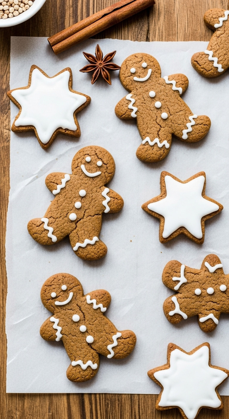 Healthy Almond Flour Gingerbread Cookies, People And Star Shapes, With White Icing On Parchment, Rustic Holiday Setting.