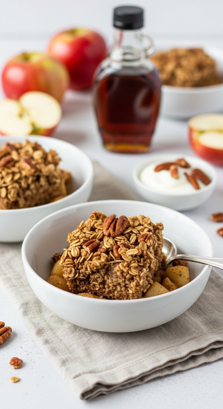 Healthy Apple Crisp With Maple Syrup And Almond Flour, Topped With Oat Pecans, In A White Bowl. Fresh Apples And Syrup Background.