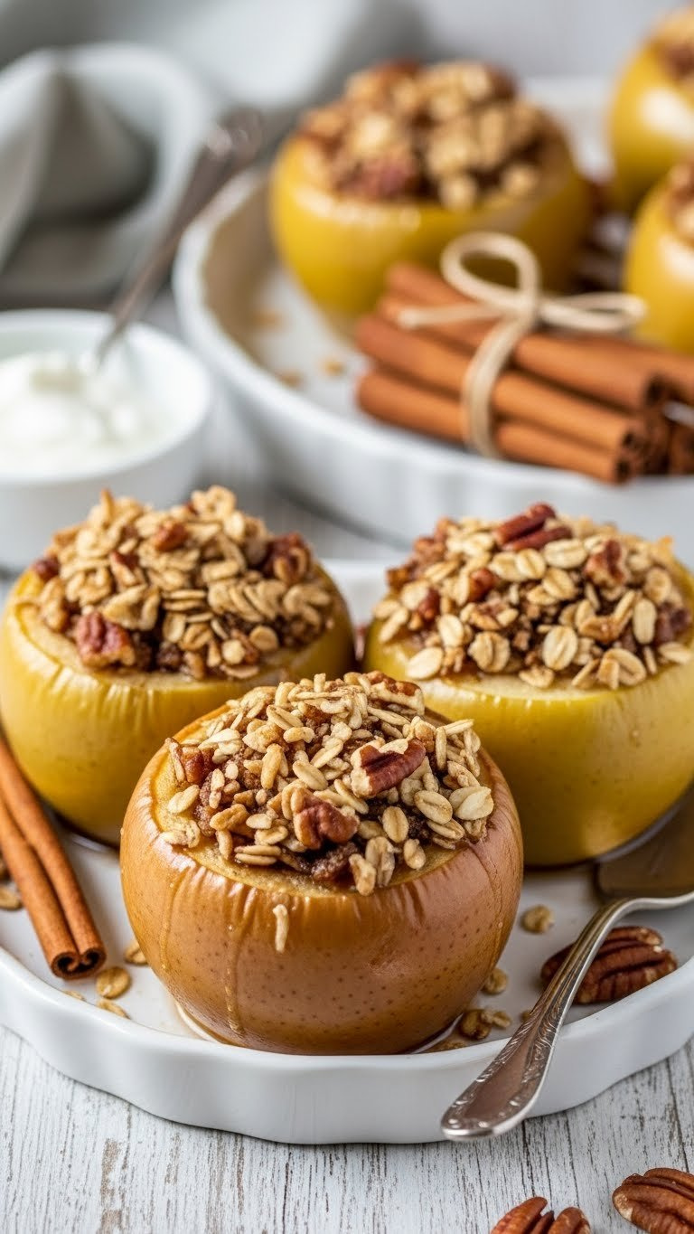 Healthy Baked Apples With Toasted Oatmeal, Cinnamon, Nut Filling, Light Syrup, And A Side Of Yogurt And Pecans.