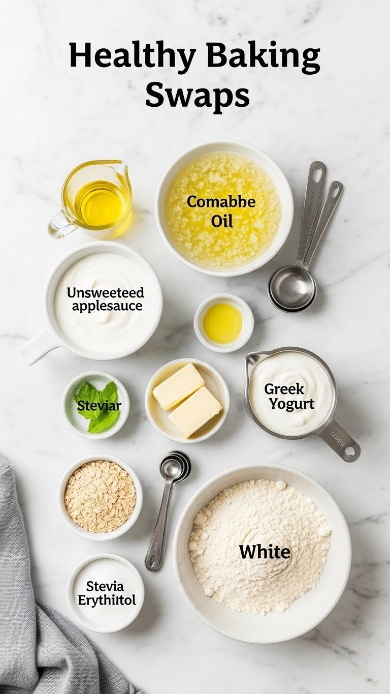 Healthy Baking Ingredient Swaps Flat Lay Showing Applesauce, Greek Yogurt, Stevia, And Oat Flour Alternatives