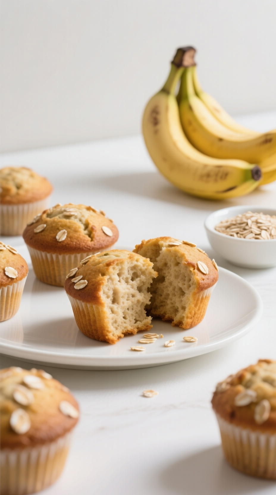Healthy Banana Oatmeal Muffins On A White Ceramic Plate With Ripe Bananas And Rolled Oats In Bright Studio Light