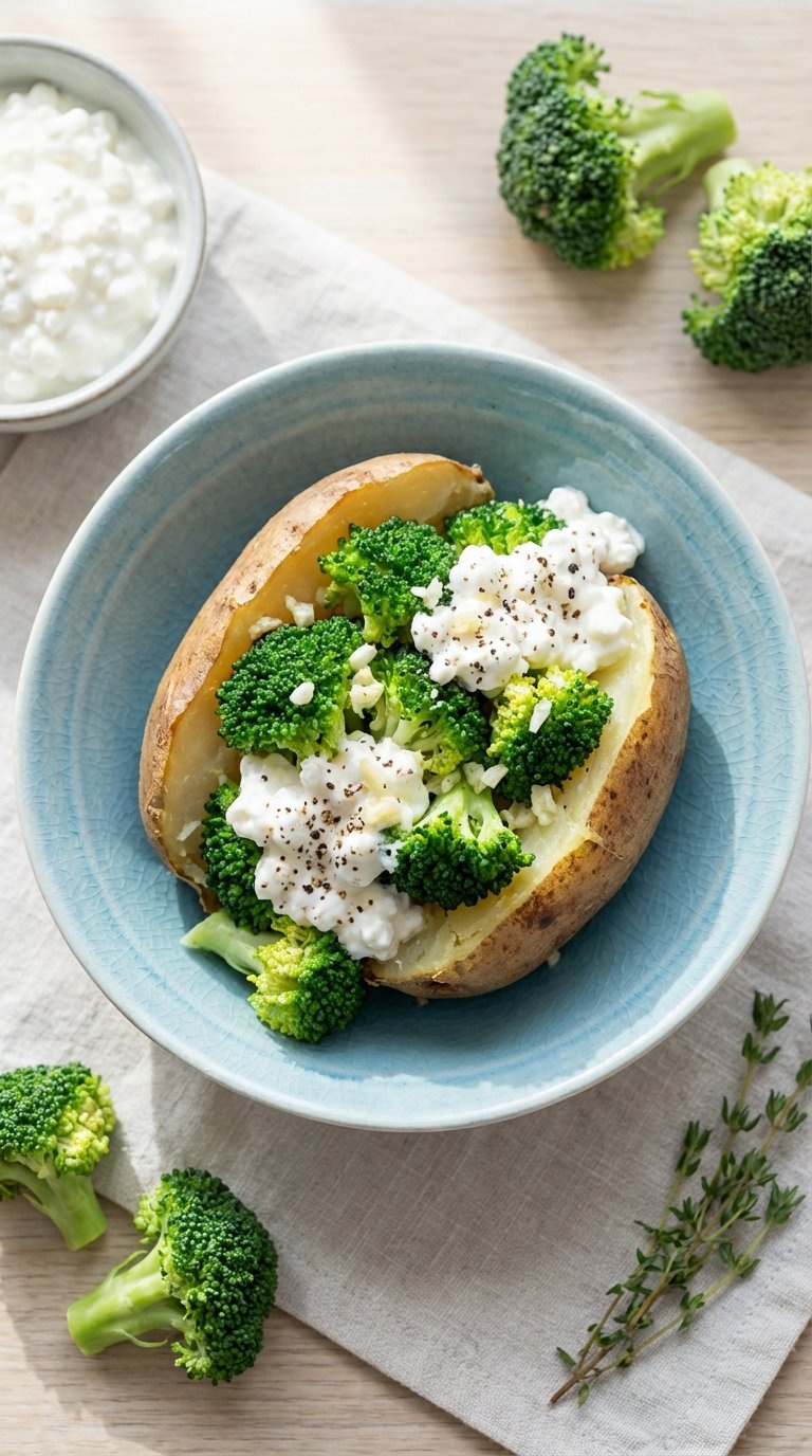 Healthy Broccoli And Cottage Cheese Baked Potato With Black Pepper Seasoning In Light Blue Ceramic Bowl