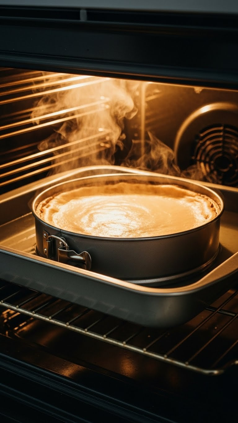 Healthy Cheesecake Baking In Water Bath Inside Oven With Steam And Golden Light Glow