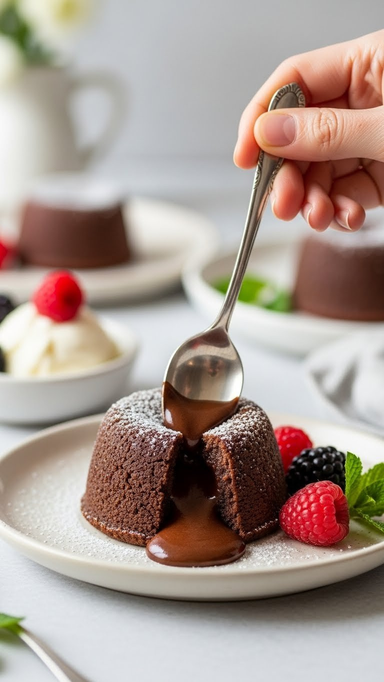 Healthy Chocolate Lava Cake Oozing Molten Chocolate Center With Fresh Berries On Ceramic Plate