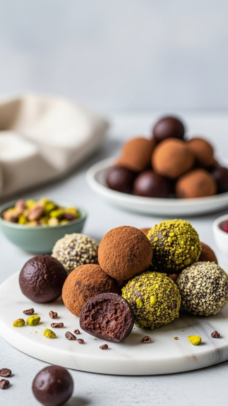 Healthy Chocolate Protein Truffles Coated In Cocoa Powder And Chopped Nuts On Marble Platter