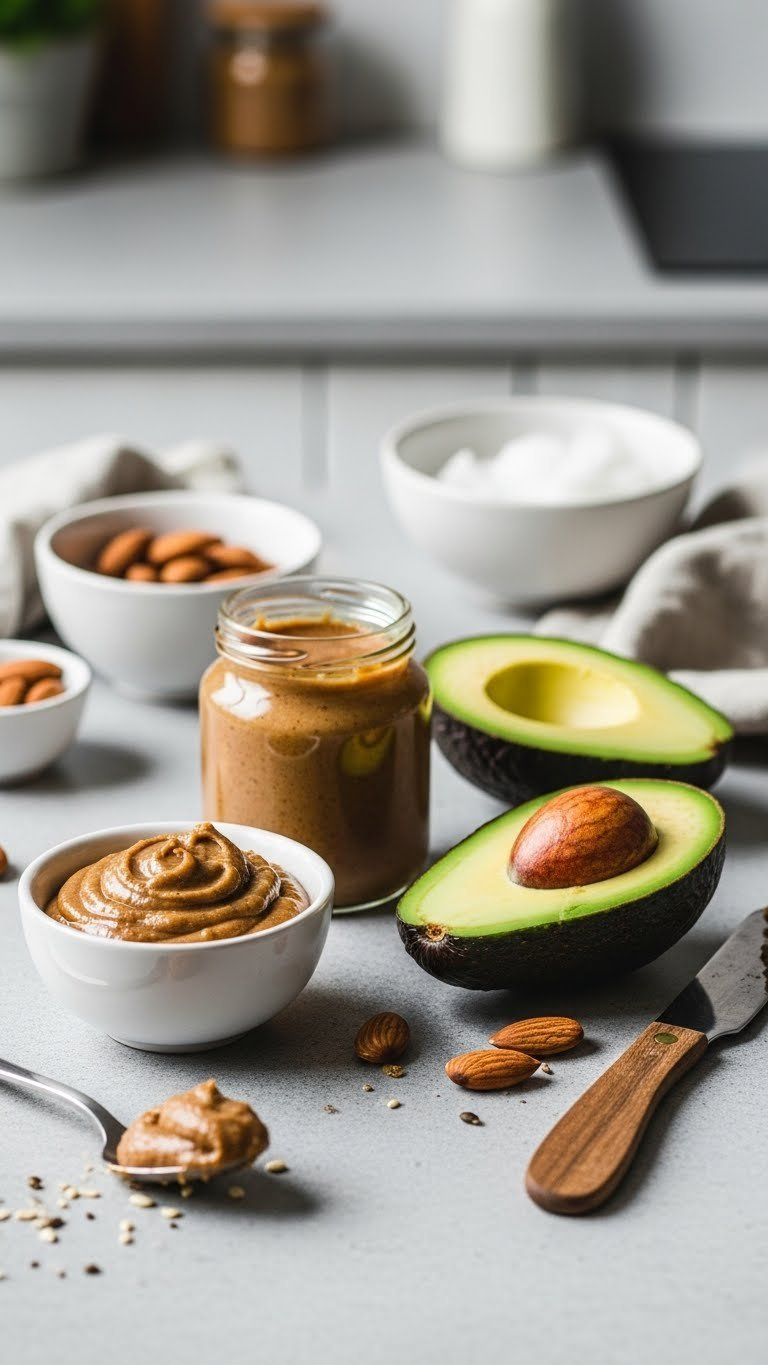 Healthy Fats Including Almond Butter, Avocado, And Coconut Oil Arranged On Stone Surface For Baking Recipes