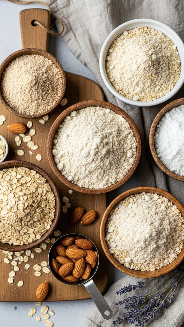 Healthy Flour Alternatives Like Oat Flour, Almond Flour, And Coconut Flour In Rustic Bowls On Wooden Board