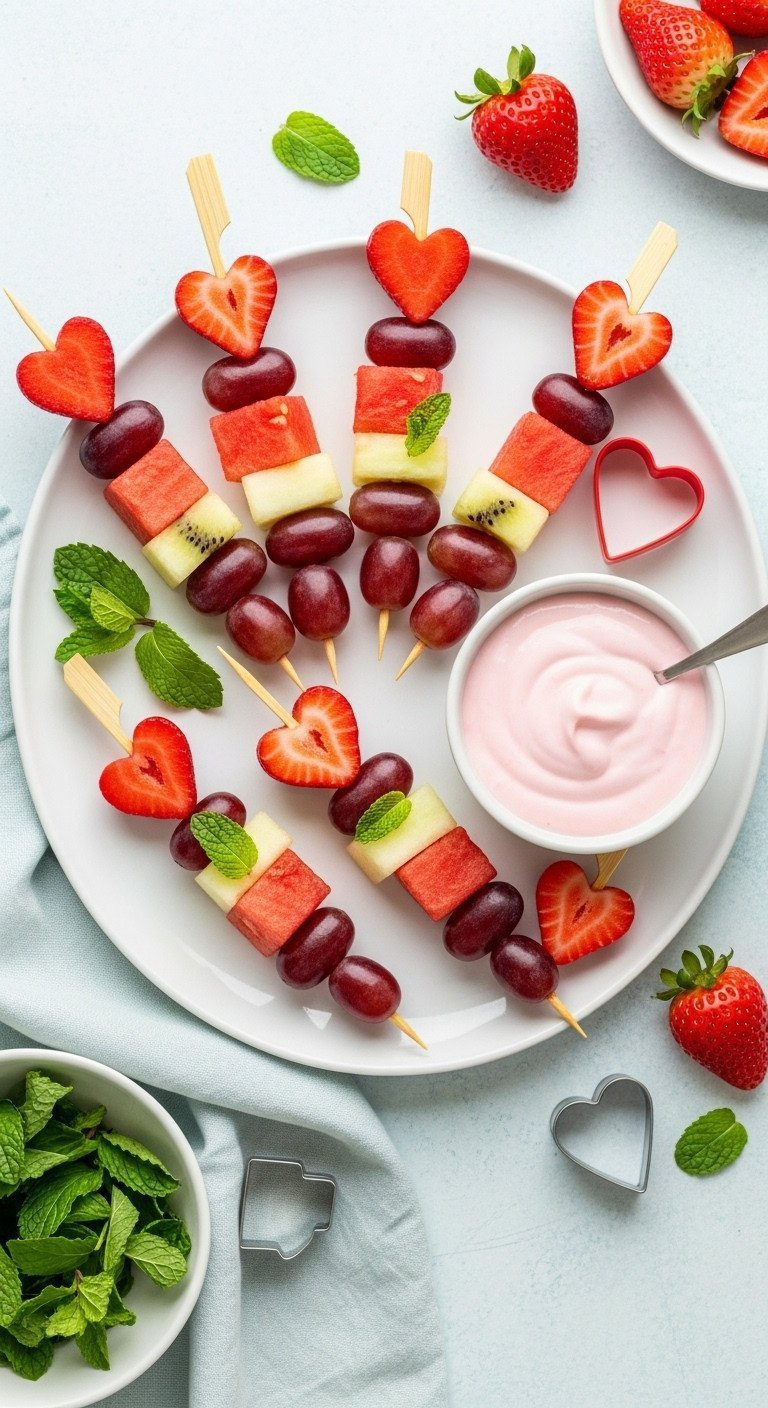 Healthy Fruit Skewers With Heart-Shaped Strawberries, Watermelon &Amp; Grapes, Served With Pink Yogurt Dip. School Snack.