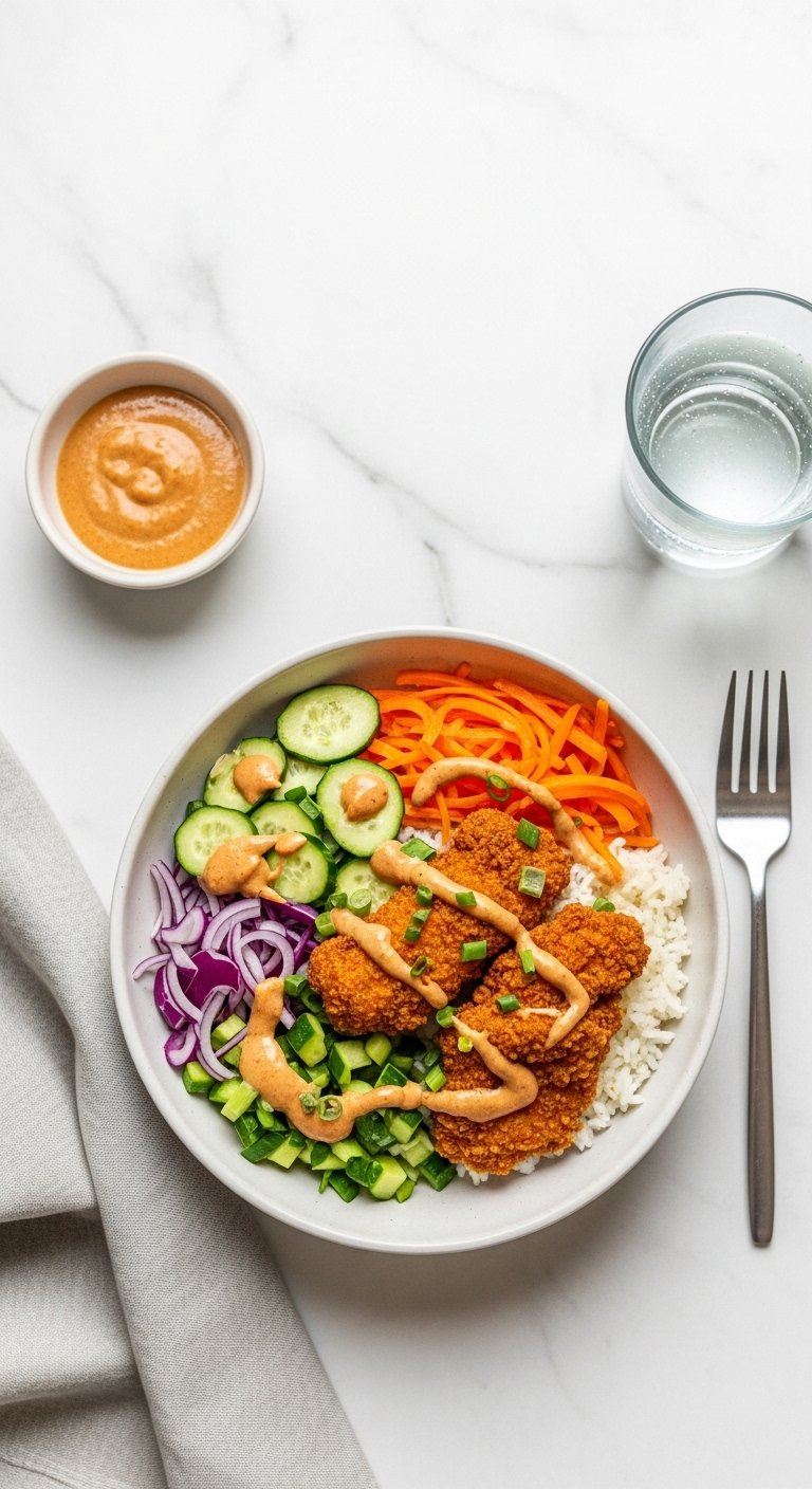 Healthy Gluten-Free Bang Bang Chicken Bowl With Crispy Chicken, Vibrant Veggies, And Creamy Sauce On White Marble.