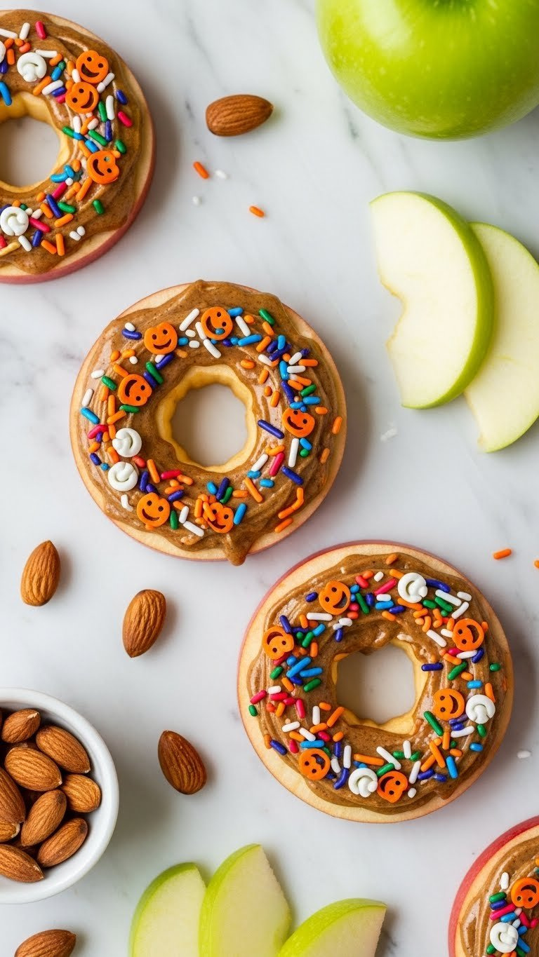 Healthy Gluten-Free Apple Donut Slices Topped With Almond Butter Frosting And Natural Halloween Sprinkles On Marble Surface