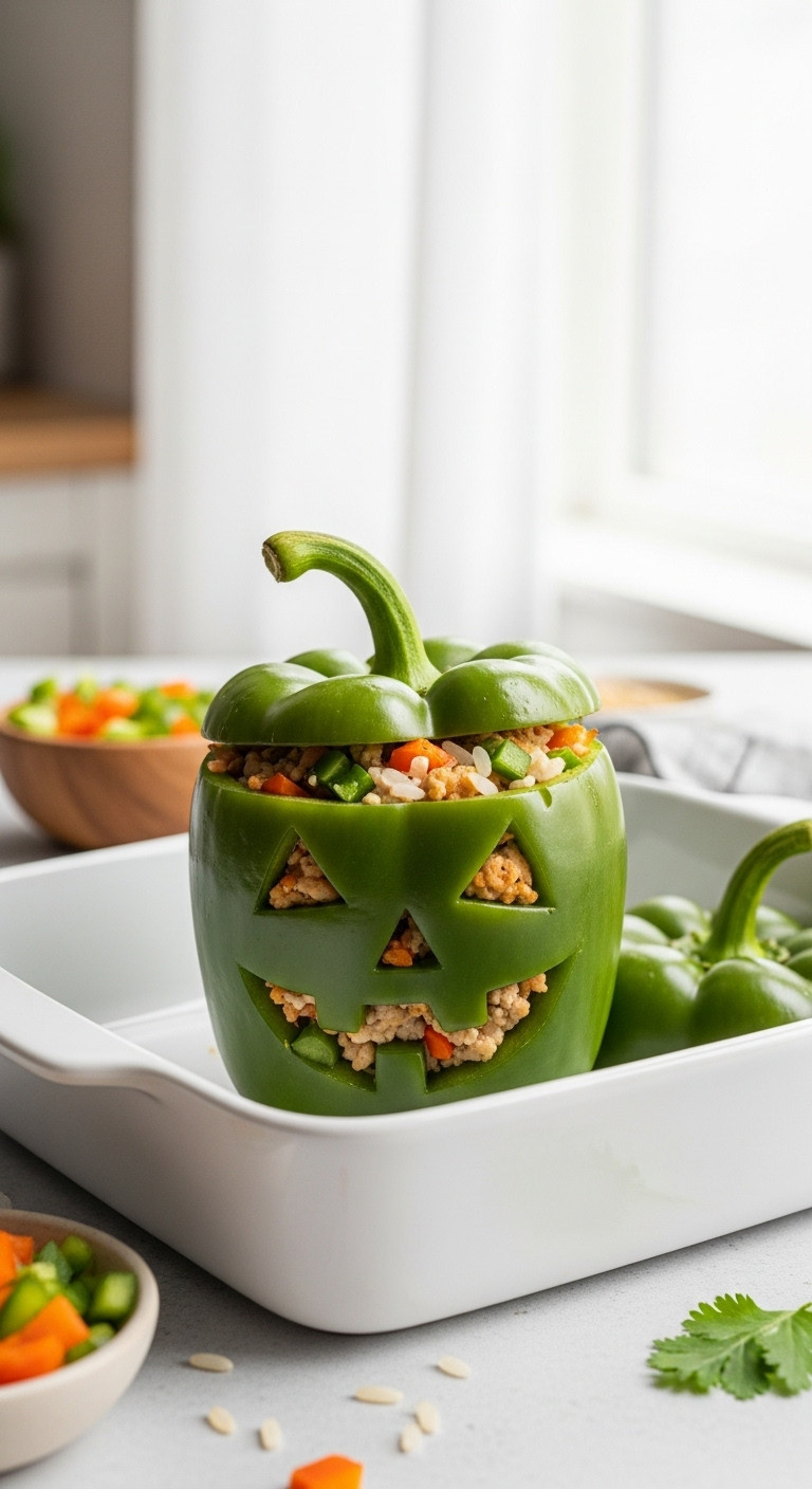 Healthy Green Jack-O'-Lantern Bell Pepper Stuffed With Ground Chicken And Colorful Vegetables In A Modern White Baking Dish.