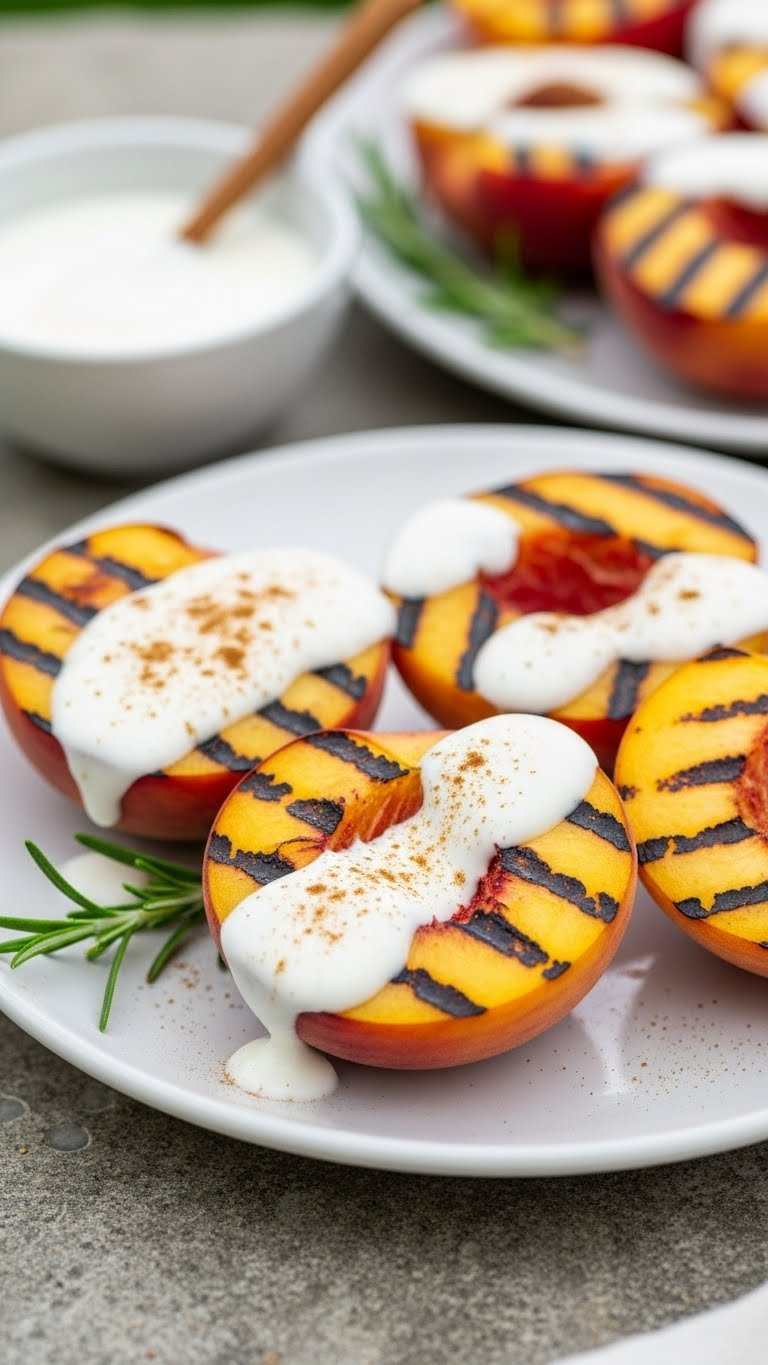 Healthy Grilled Peaches With Visible Grill Marks, Drizzled With Cinnamon Yogurt Sauce, Rosemary, On A White Plate In Outdoor Setting.